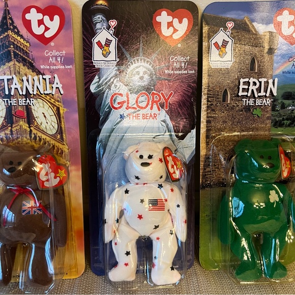 RARE McDonald's Brittania Erin Glory & Maple TY Beanie Babies Bear Complete Set - Picture 4 of 16